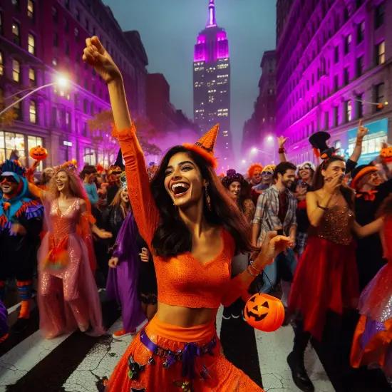 Festeggiamenti di Halloween a New York con costumi e luci