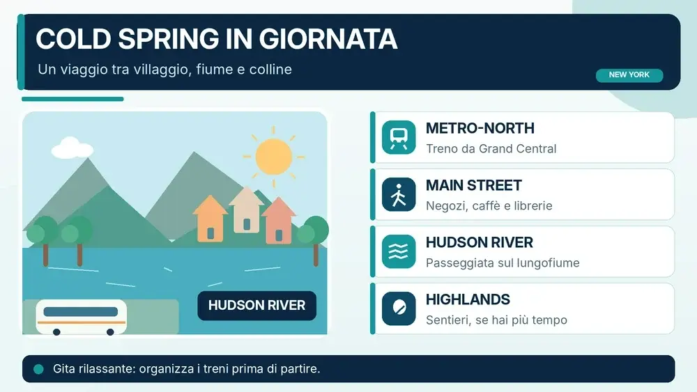 Infografica su Cold Spring: Metro-North, Main Street, fiume Hudson e Highlands