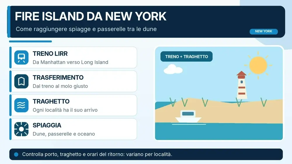 Infografica sul viaggio per Fire Island: LIRR, trasferimento al molo e traghetto