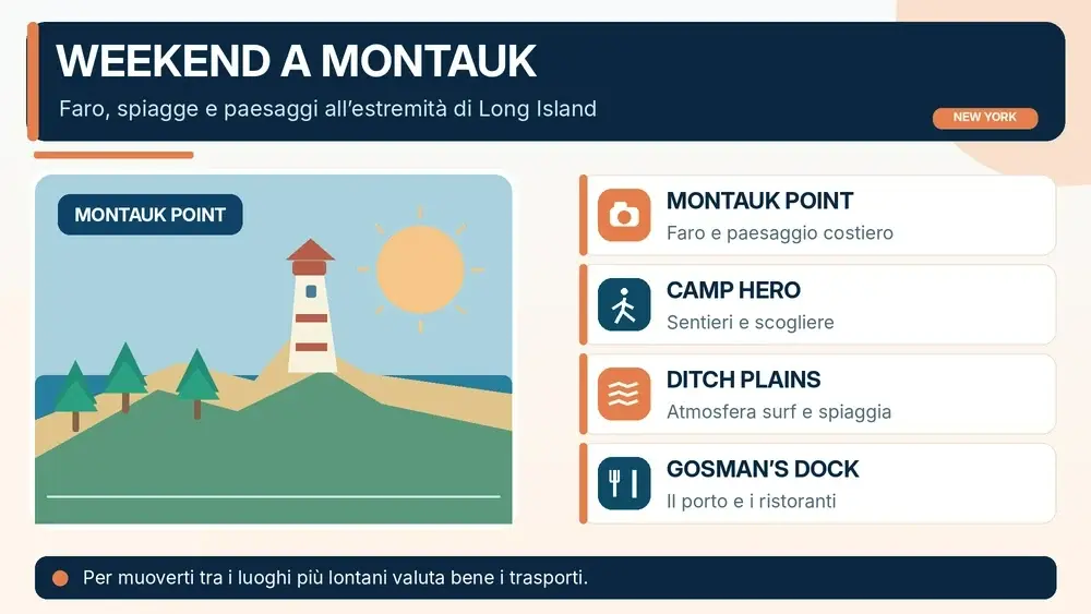 Infografica su Montauk Point, Camp Hero, Ditch Plains e Gosman’s Dock