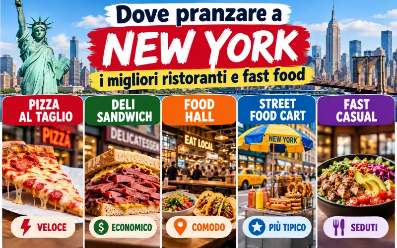 Grafica illustrata sulle opzioni per pranzare a New York: pizza, panini, food hall e street food