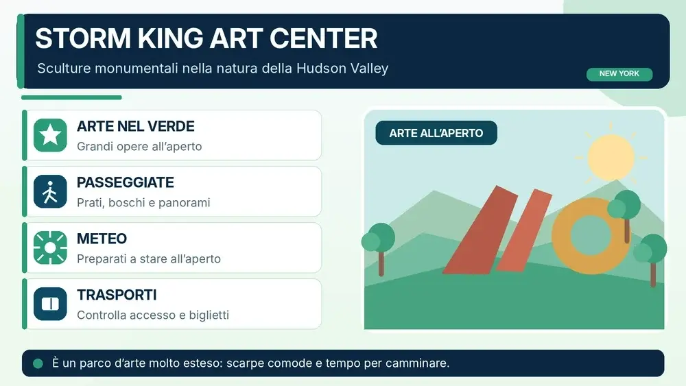 Infografica su sculture all’aperto, passeggiate, meteo e trasporti a Storm King Art Center
